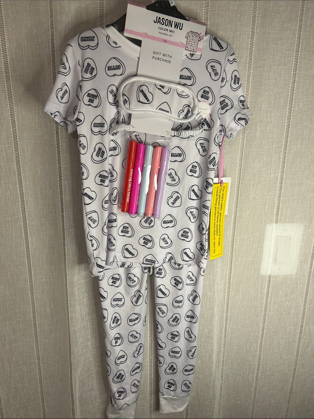 Jason Wu Kids White Pajama Set with Black Heart Print and Colorful Markers